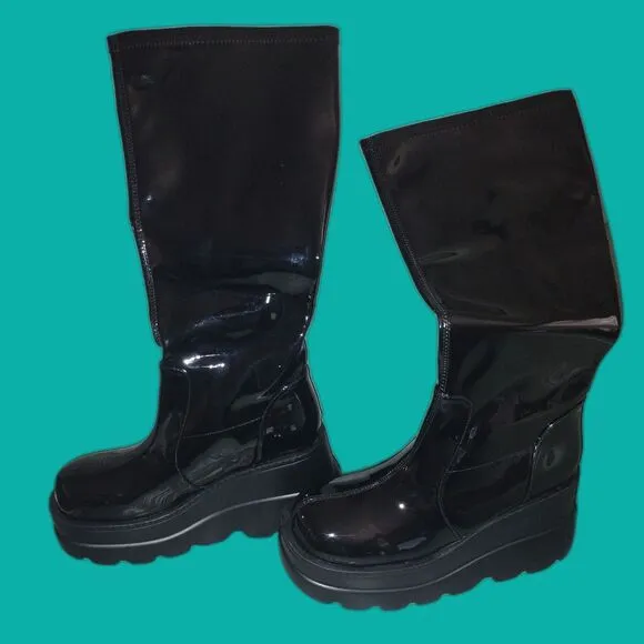 NIB Celnepho Women's Size 8 Men's Size 6.5 Goth Knee High Boots Black PU Wedge
