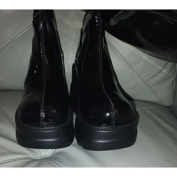 NIB Celnepho Women's Size 8 Men's Size 6.5 Goth Knee High Boots Black PU Wedge