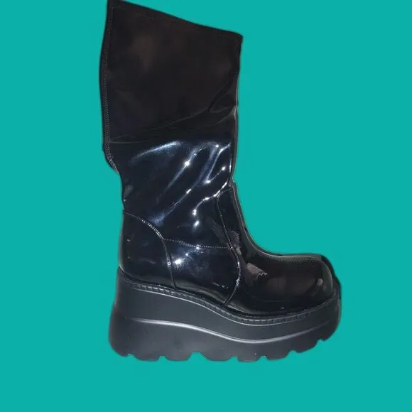 NIB Celnepho Women's Size 8 Men's Size 6.5 Goth Knee High Boots Black PU Wedge