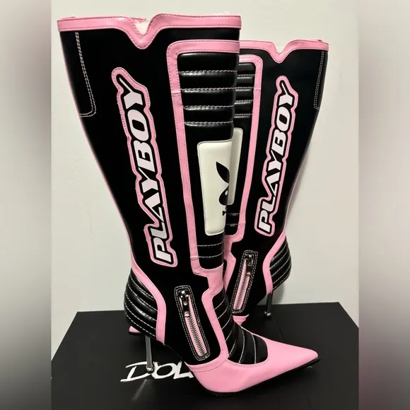 NIB Dolls Kill x Playboy Knee High Moto Boots
