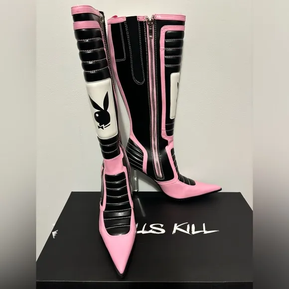 NIB Dolls Kill x Playboy Knee High Moto Boots