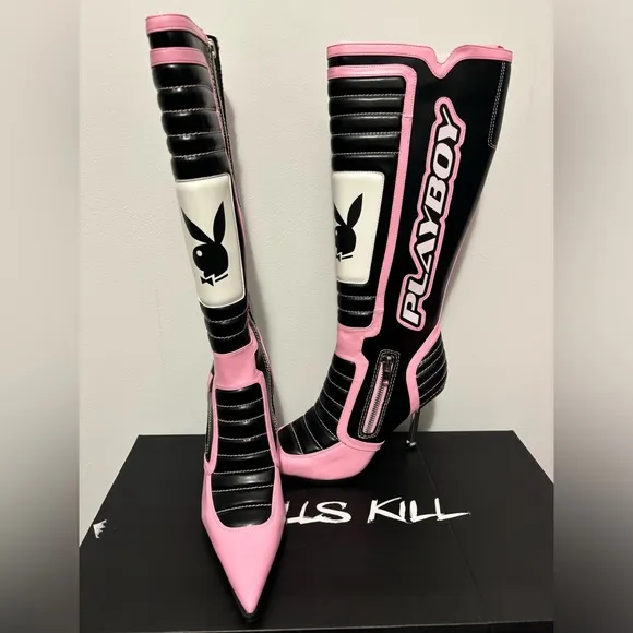 NIB Dolls Kill x Playboy Knee High Moto Boots