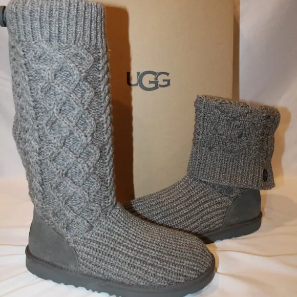 NIB UGG YOUTH GRAY KNIT SWEATER TALL WINTER FASHION BOOTS SZ‎ 3 4