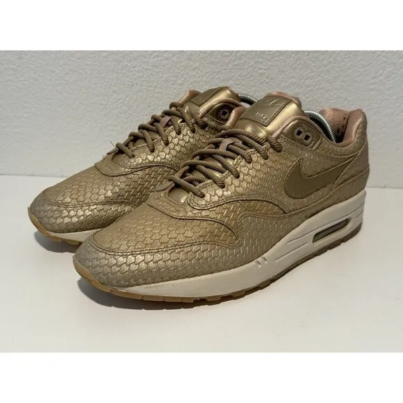 Nike Air Max 1 Womens Running Shoes Sz 12 Premium Gold Fish Sneakers 454746-900