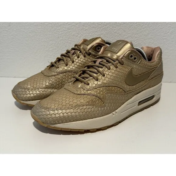 Nike Air Max 1 Womens Running Shoes Sz 12 Premium Gold Fish Sneakers 454746-900