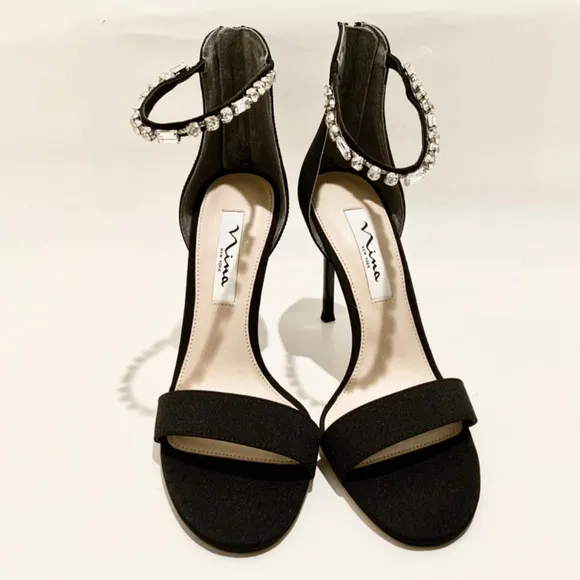 Nina Deena Black Satin Heeled Sandals Evening Stiletto Heel Pump Dress Shoes 8.5