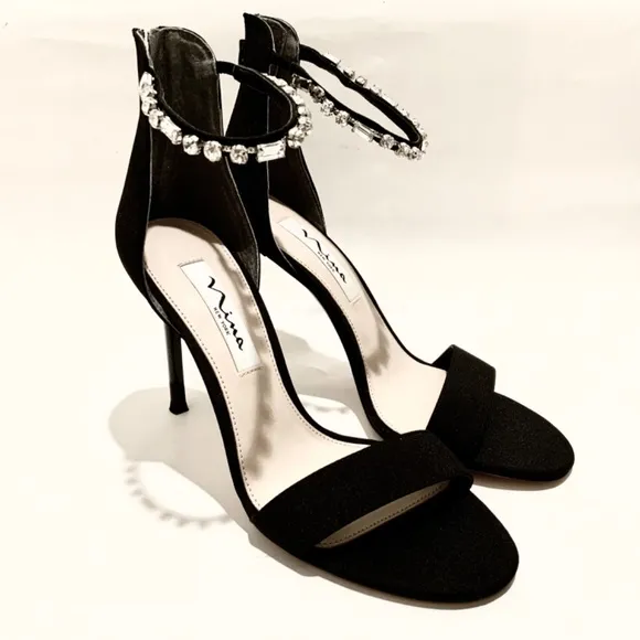 Nina Deena Black Satin Heeled Sandals Evening Stiletto Heel Pump Dress Shoes 8.5