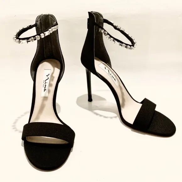 Nina Deena Black Satin Heeled Sandals Evening Stiletto Heel Pump Dress Shoes 8.5
