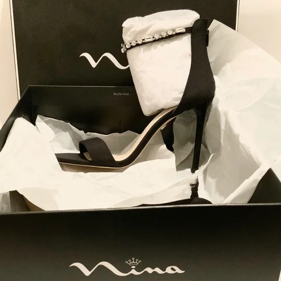 Nina Deena Black Satin Heeled Sandals Evening Stiletto Heel Pump Dress Shoes 8.5