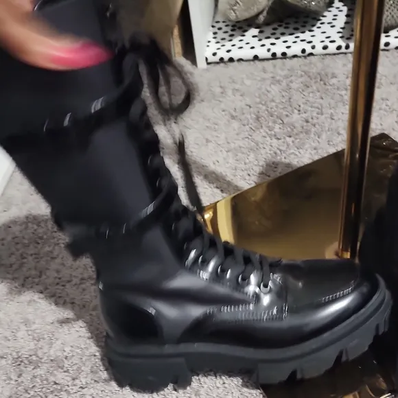 Nine West Black Glossy Combat Boots