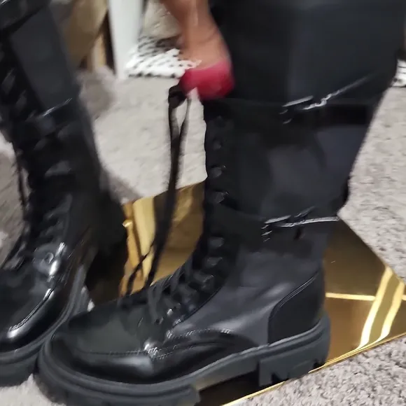 Nine West Black Glossy Combat Boots