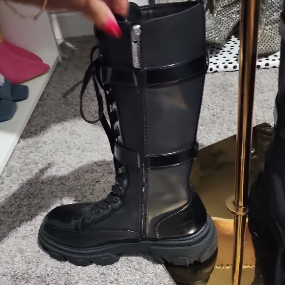 Nine West Black Glossy Combat Boots
