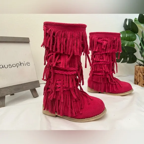 NWOT! Joyfolie Riley bohemian fringe and braid knee high boots in carmine Size 6