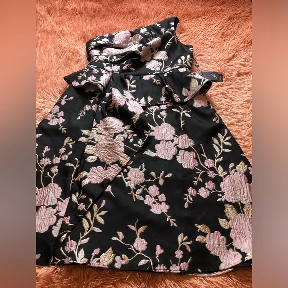 NWT Adrianna Papell Jacquard One Shoulder Knee Length Dress, Black/Pink. Size 10