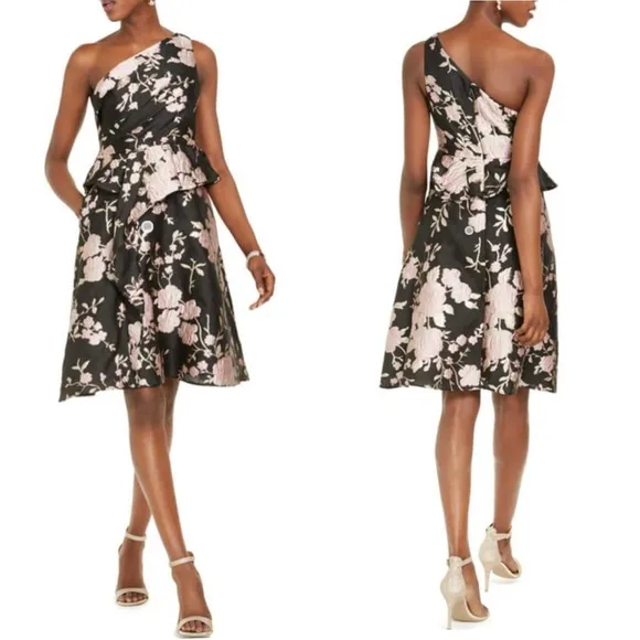 NWT Adrianna Papell Jacquard One Shoulder Knee Length Dress, Black/Pink. Size 10
