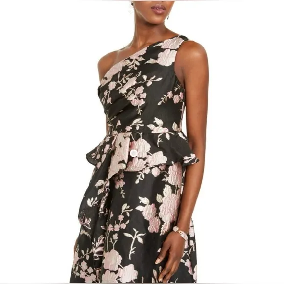NWT Adrianna Papell Jacquard One Shoulder Knee Length Dress, Black/Pink. Size 10