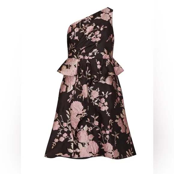 NWT Adrianna Papell Jacquard One Shoulder Knee Length Dress, Black/Pink. Size 10