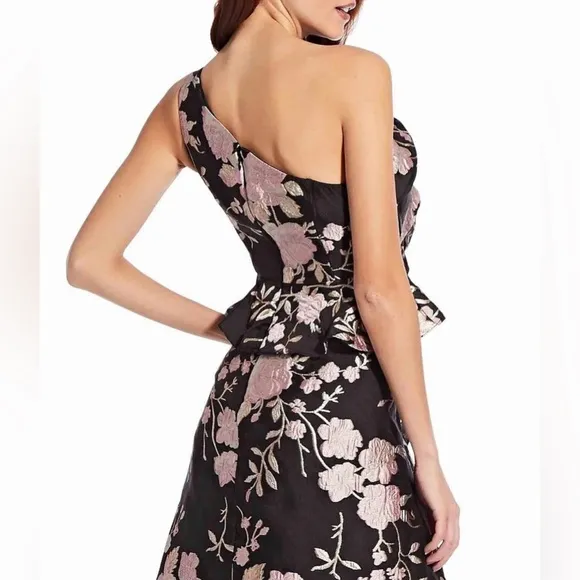 NWT Adrianna Papell Jacquard One Shoulder Knee Length Dress, Black/Pink. Size 10