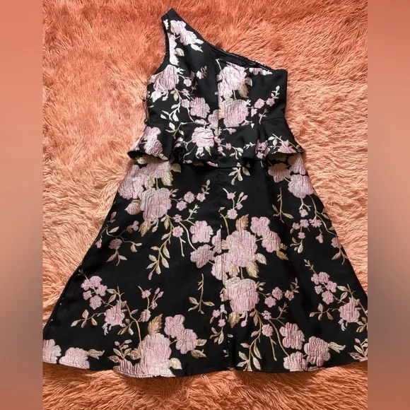 NWT Adrianna Papell Jacquard One Shoulder Knee Length Dress, Black/Pink. Size 10