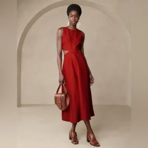 NWT! Banana Republic Red Embers Lina Linen Cutout Midi Dress - Multiple Sizes