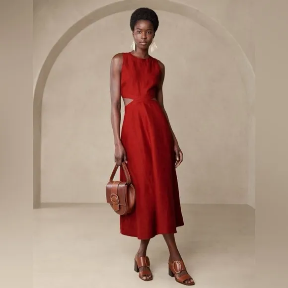 NWT! Banana Republic Red Embers Lina Linen Cutout Midi Dress - Multiple Sizes