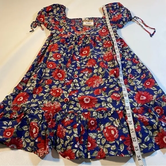 NWT Blu Pepper Size S Blue Red Floral Puff Sleeve Smocked Sweetheart Neck Dress