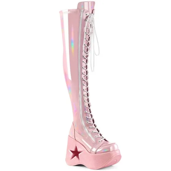 [NWT] Demonia Cult Platform Star Wedge Gothic Lace Up Thigh High Boots