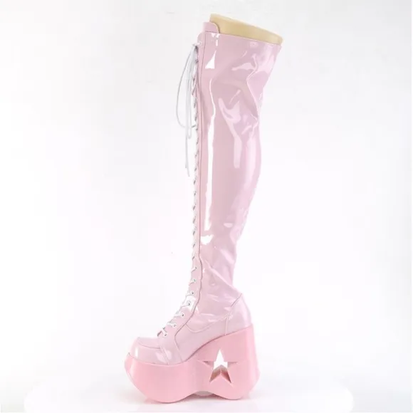 [NWT] Demonia Cult Platform Star Wedge Gothic Lace Up Thigh High Boots