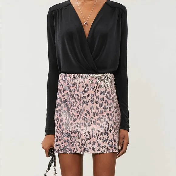 NWT S Free People $128 Pink Cheetah Sequin Mini Skirt NWT