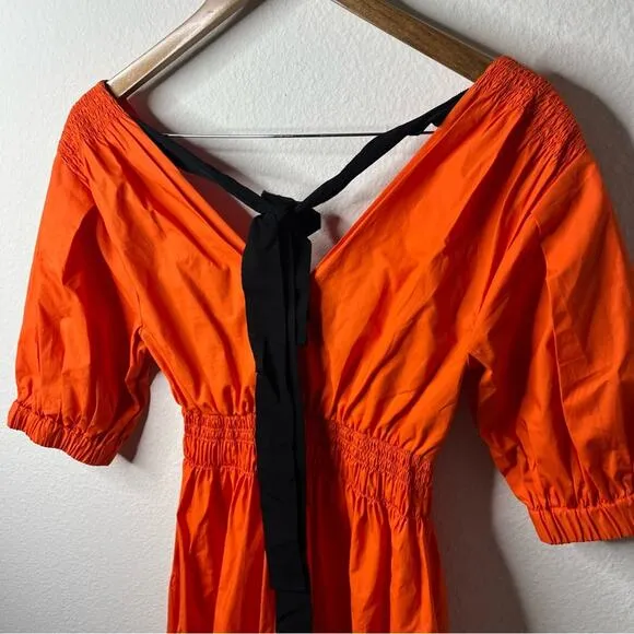 NWT Self Portrait Orange Poplin Tiered Puff Sleeve Midi Dress Womens Size 2