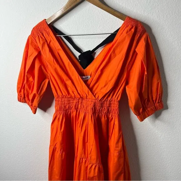 NWT Self Portrait Orange Poplin Tiered Puff Sleeve Midi Dress Womens Size 2
