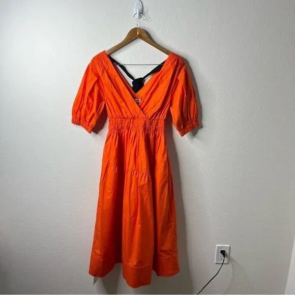 NWT Self Portrait Orange Poplin Tiered Puff Sleeve Midi Dress Womens Size 2