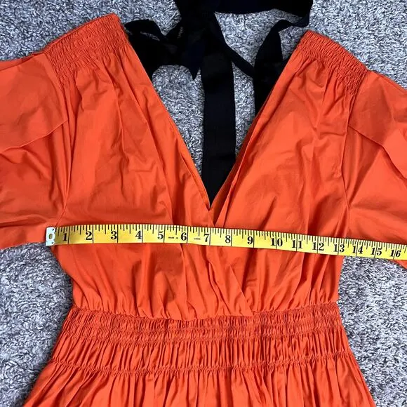 NWT Self Portrait Orange Poplin Tiered Puff Sleeve Midi Dress Womens Size 2