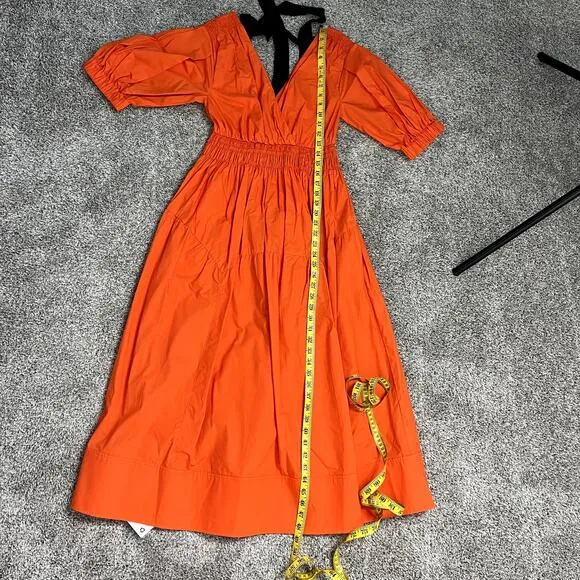 NWT Self Portrait Orange Poplin Tiered Puff Sleeve Midi Dress Womens Size 2