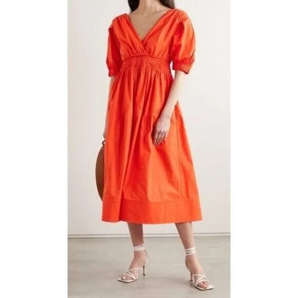 NWT Self Portrait Orange Poplin Tiered Puff Sleeve Midi Dress Womens Size 2