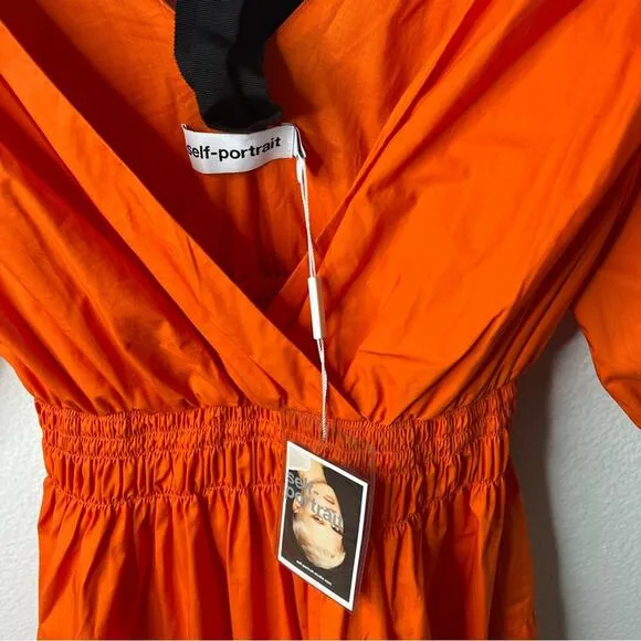 NWT Self Portrait Orange Poplin Tiered Puff Sleeve Midi Dress Womens Size 2