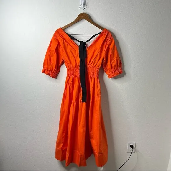 NWT Self Portrait Orange Poplin Tiered Puff Sleeve Midi Dress Womens Size 2