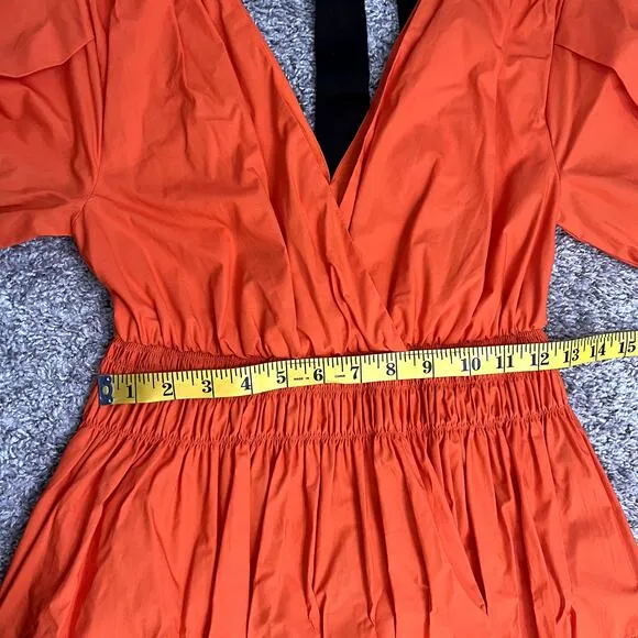 NWT Self Portrait Orange Poplin Tiered Puff Sleeve Midi Dress Womens Size 2