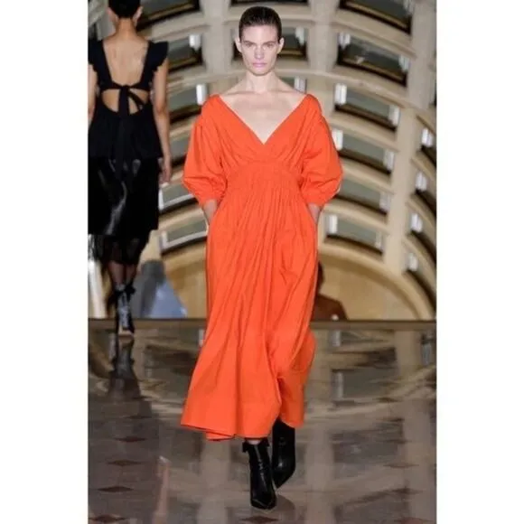 NWT Self Portrait Orange Poplin Tiered Puff Sleeve Midi Dress Womens Size 2