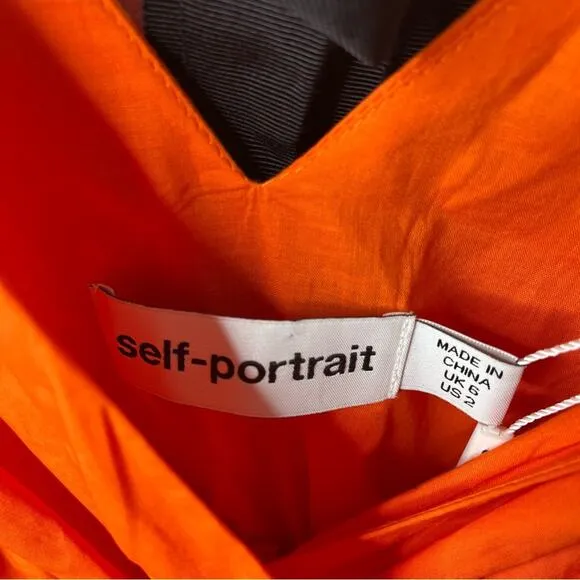 NWT Self Portrait Orange Poplin Tiered Puff Sleeve Midi Dress Womens Size 2