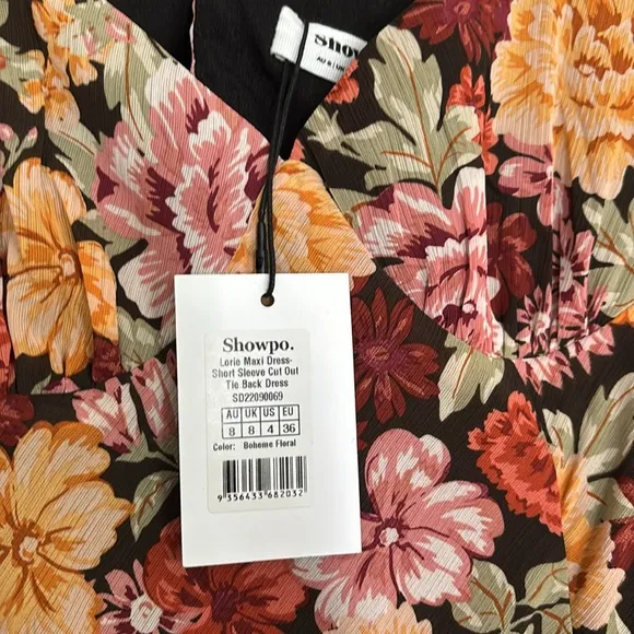 NWT Showpo Lorie Maxi Dress Short Sleeve Cut Out Tie Back Dress Boheme Floral