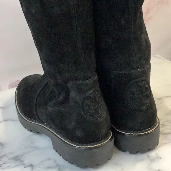 NWT Tory Burch Knee High Black Suede Combat Sole Boots Size 10.5
