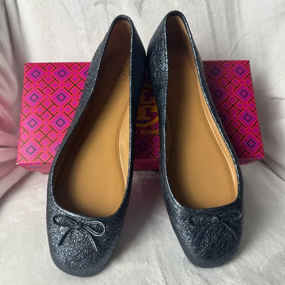 NWT Tory Burch Laila Driver Metallic Blue Ballet Flats Size 9.5