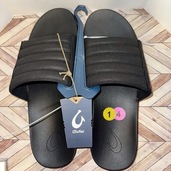 Olukai Maha 'Olu Men's 14 Recovery Slide Black Sandals Beach Pool 10517-4040
