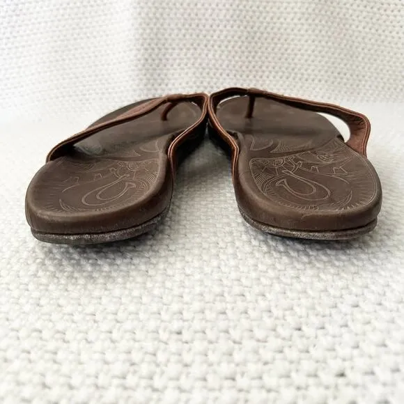 OluKai Men Hiapo Brown Cognac Leather Thong Sandals 14 Summer Vacation Beach