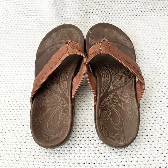 OluKai Men Hiapo Brown Cognac Leather Thong Sandals 14 Summer Vacation Beach