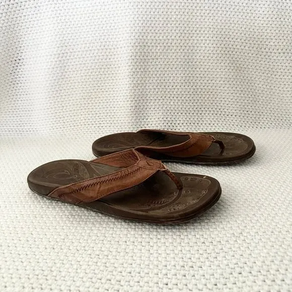 OluKai Men Hiapo Brown Cognac Leather Thong Sandals 14 Summer Vacation Beach