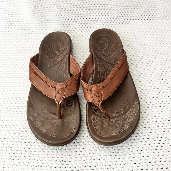 OluKai Men Hiapo Brown Cognac Leather Thong Sandals 14 Summer Vacation Beach