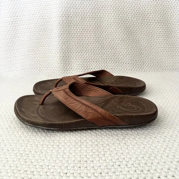OluKai Men Hiapo Brown Cognac Leather Thong Sandals 14 Summer Vacation Beach