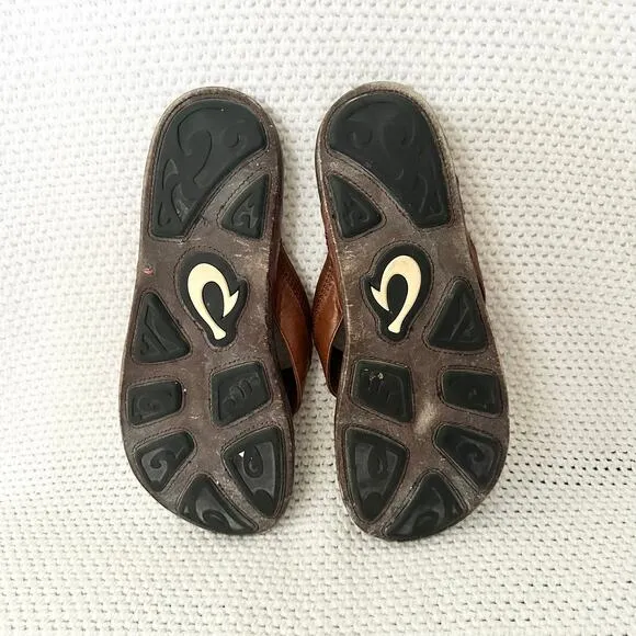 OluKai Men Hiapo Brown Cognac Leather Thong Sandals 14 Summer Vacation Beach